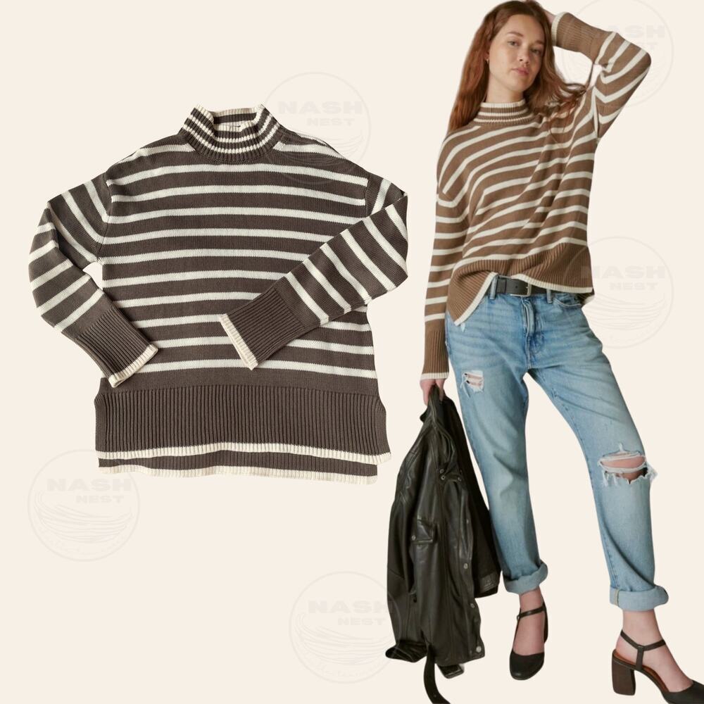 Lucky Brand Oversized Cashmere Cotton Blend Sweater | Chocolate Stripe NWOT XS